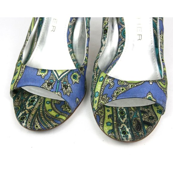 Marc Fisher Paisley Satin Open Toe Heels Pumps Stilettos Blue Green Slip On - 6 - Picture 2 of 7